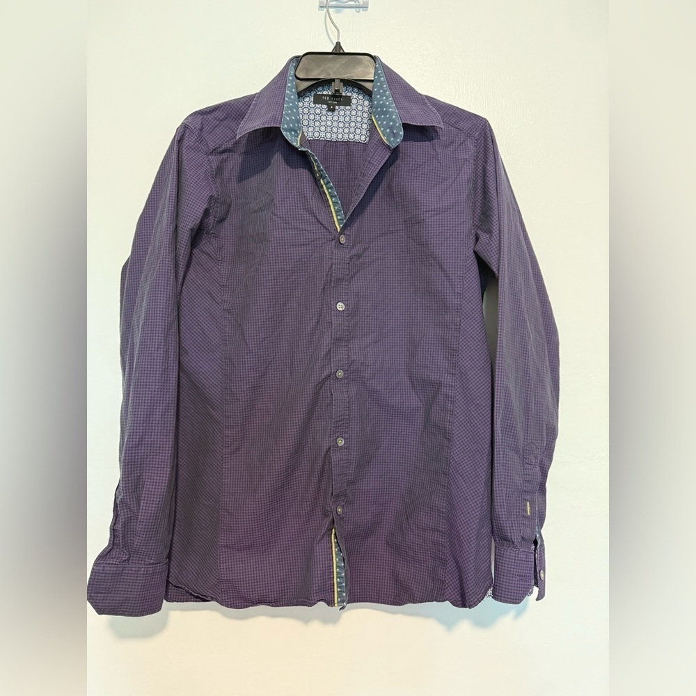Ted Baker London Shirt Mens Size 2 Purple Blue Button Up Short Sleeve Striped